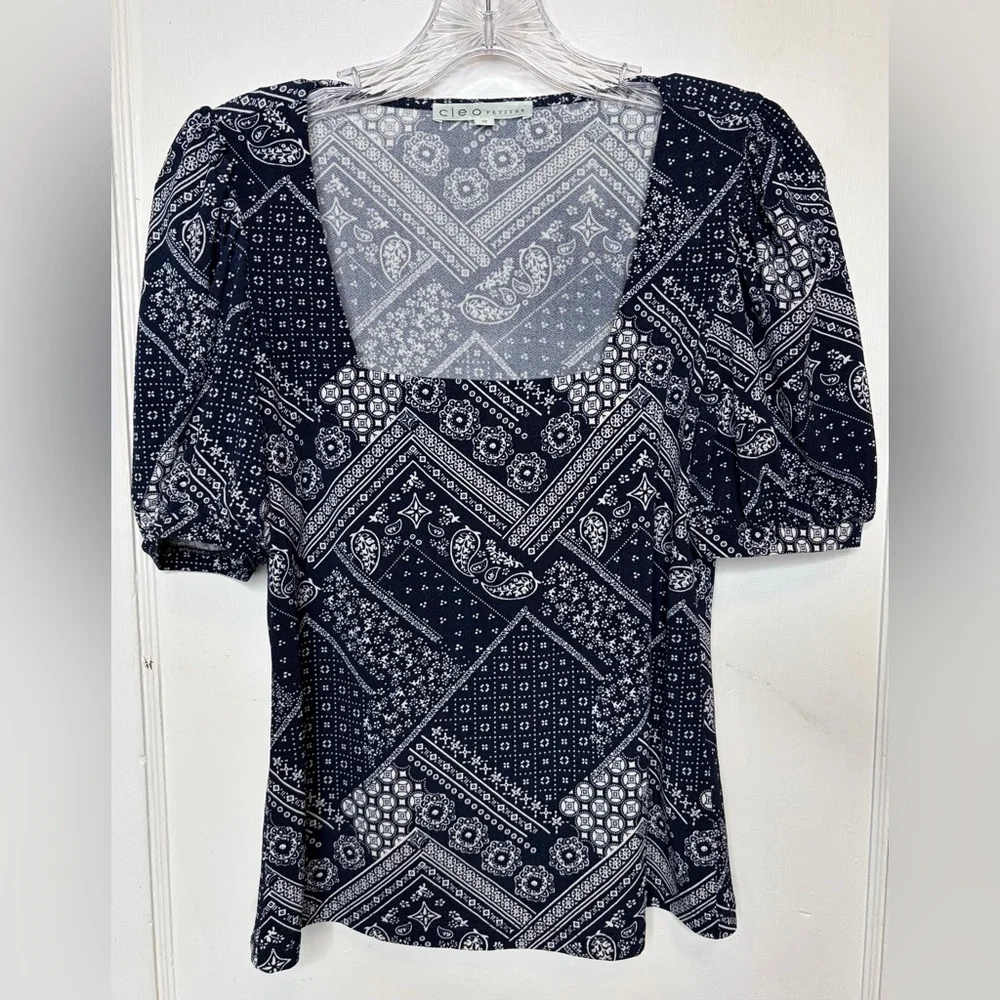 Cleo Petite XS Navy Blue Bandana Print Square Neck Puff Sleeve Top Boho Hippie